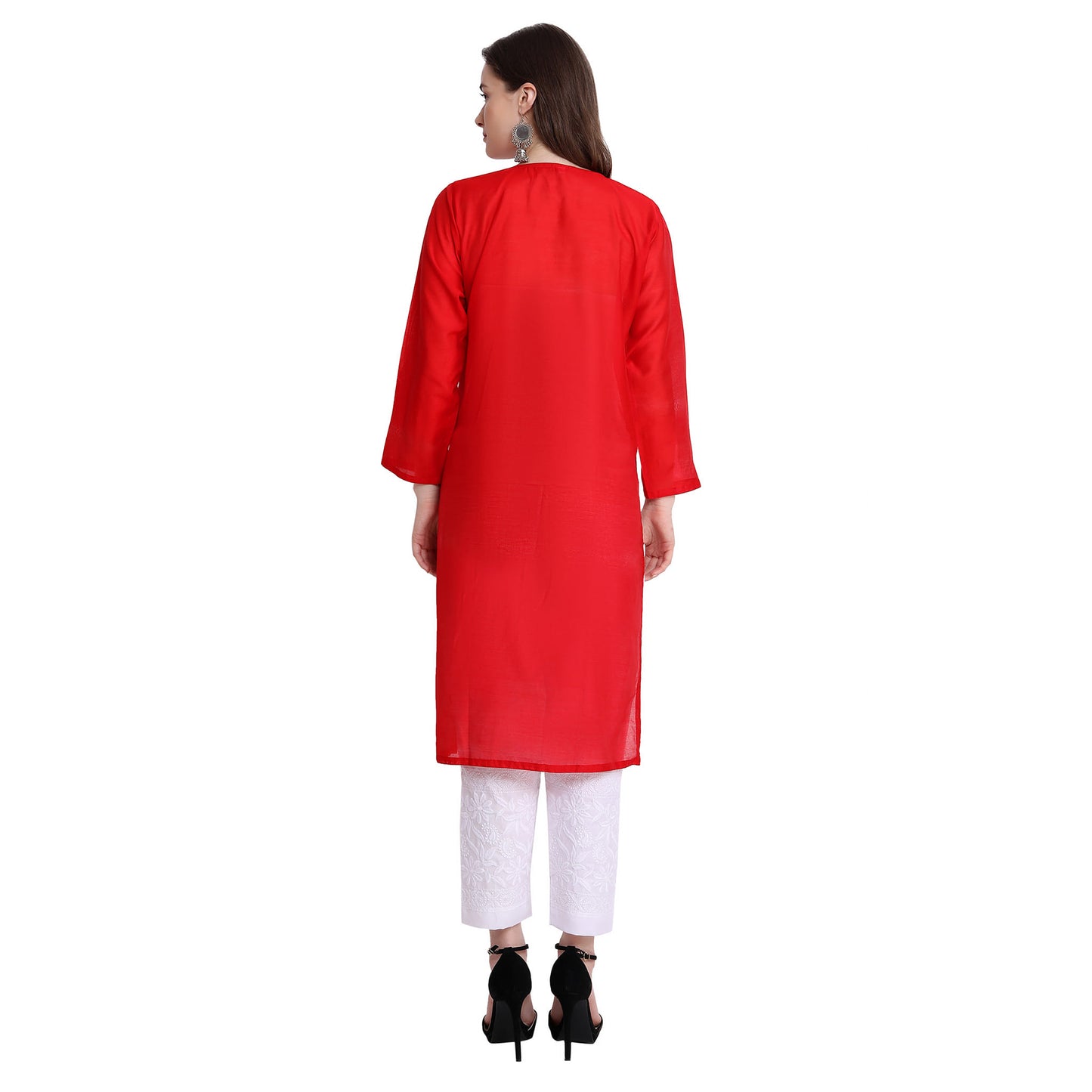 Women Chikankari Chanderi Silk Straght Kurti