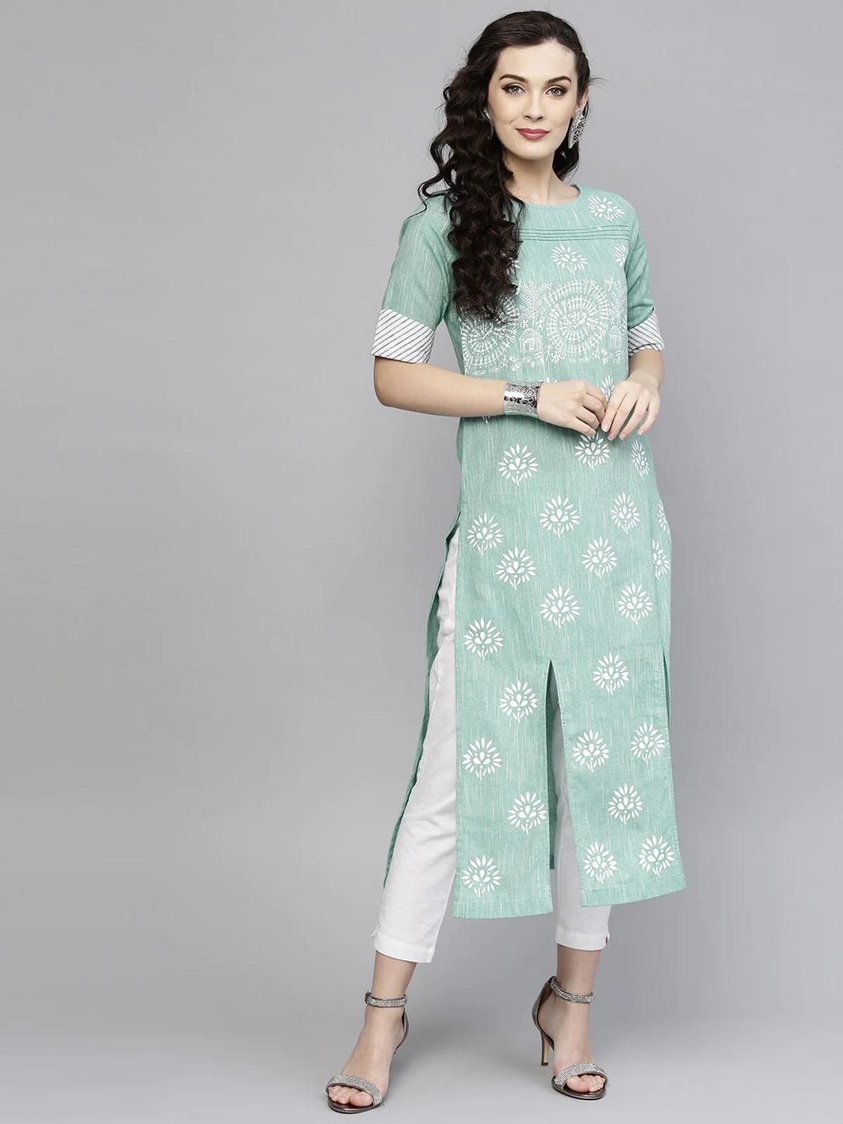 PANNKH Green Pintucks Printed Chambray Kurta