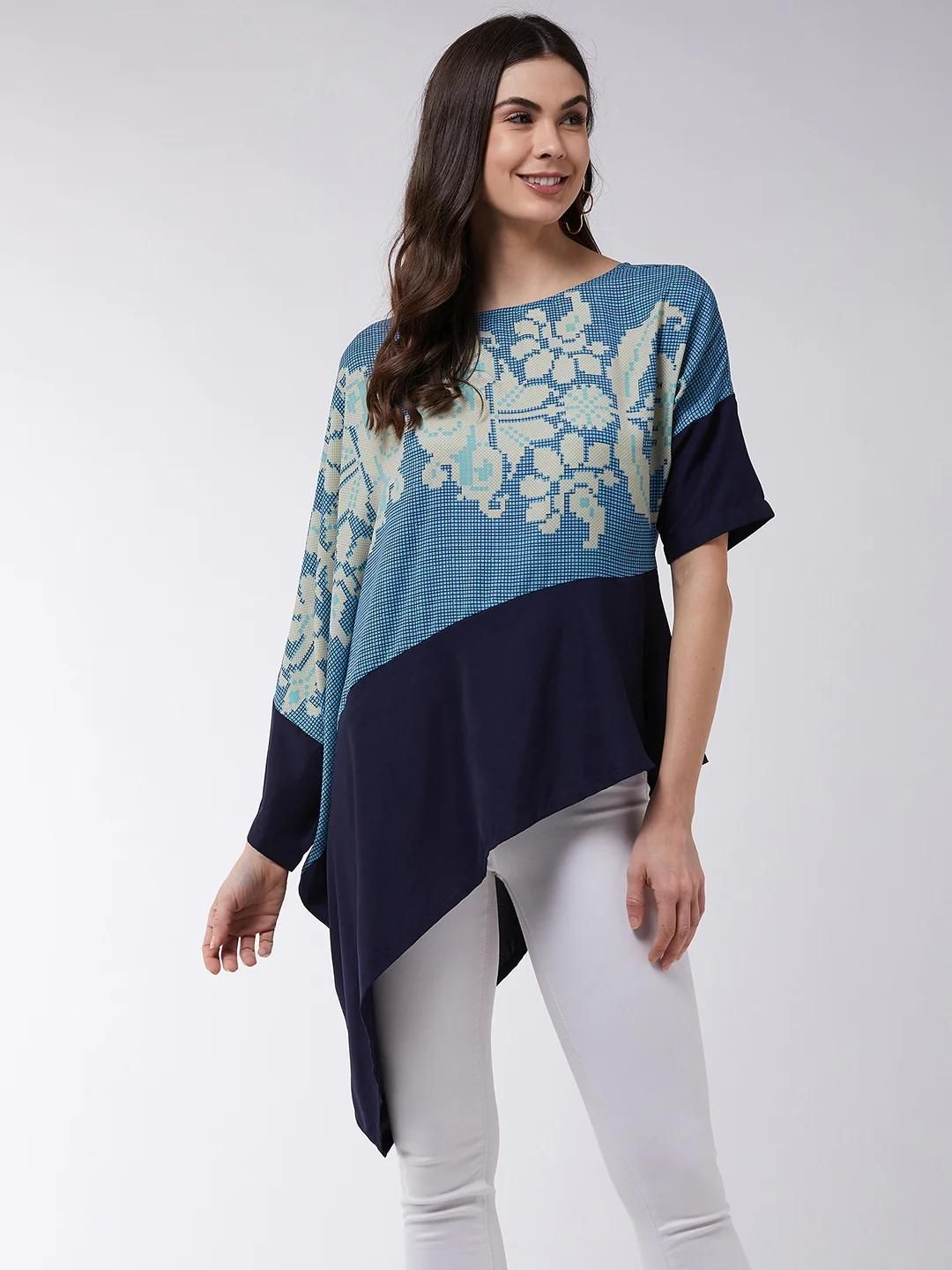 PANNKH Asymmetric Printed Blue Loose Top