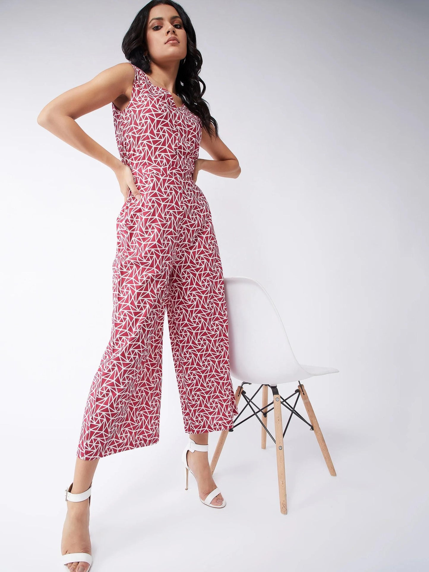 PANNKH Red & White Jungle Safari Printed Sleeveless Jumpsuit