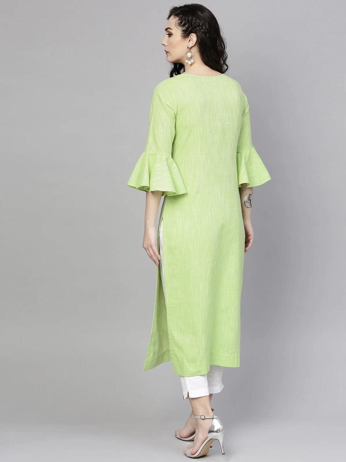 PANNKH Green Printed Chambray Kurta With Bell Sleeves