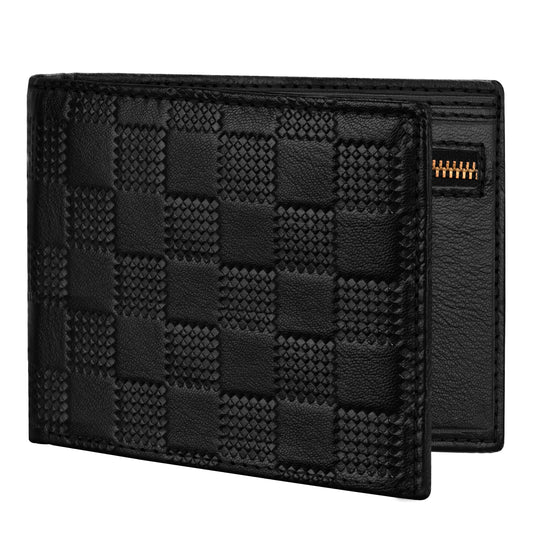 Lorenz Bi-Fold Embossed Box Pattern Black RFID Blocking Leather Wallet for Men with Zipper Coin Pocket & ID Card Feature