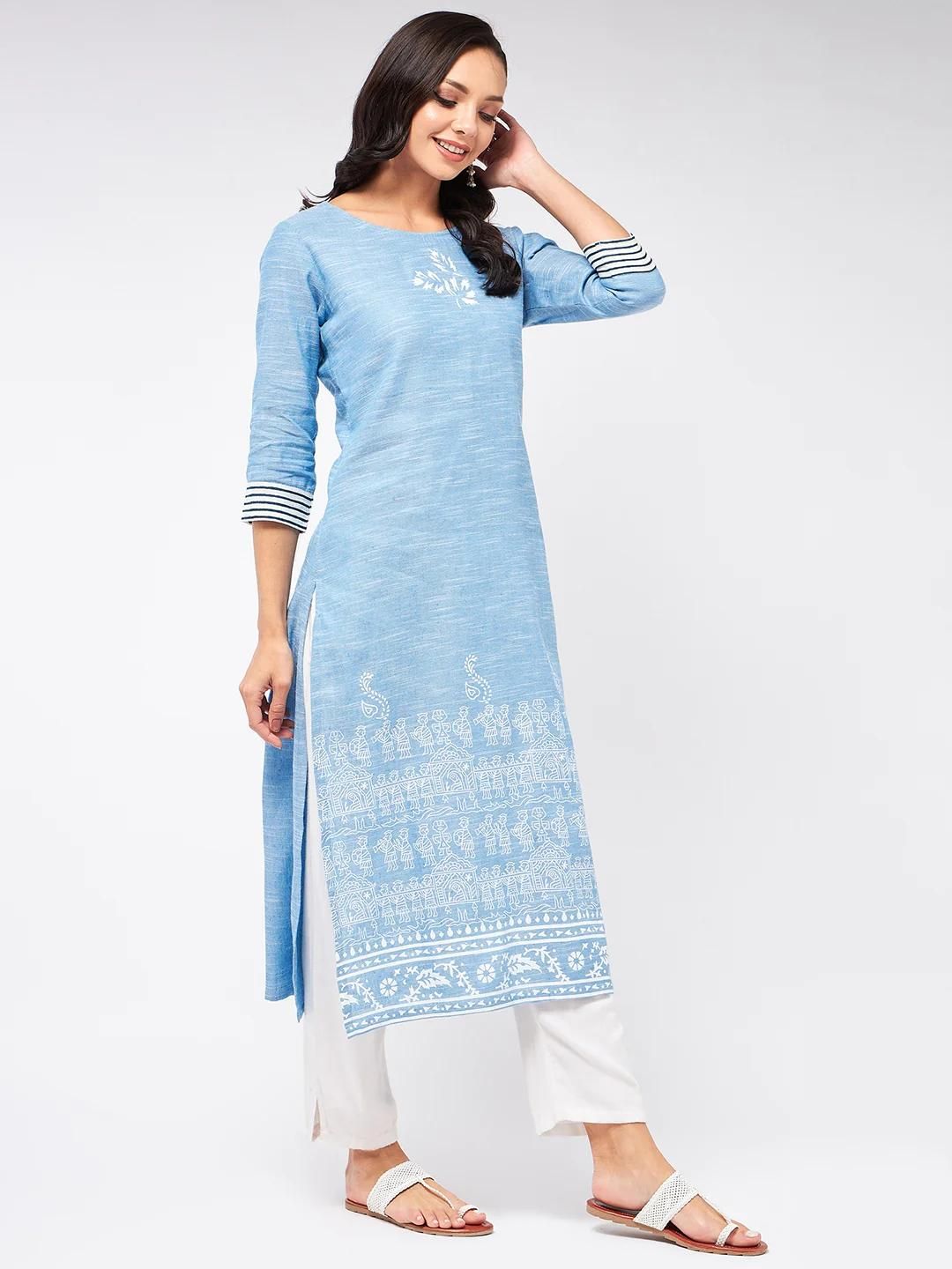 PANNKH Madhubani Block Printed Chambray Blue Kurta