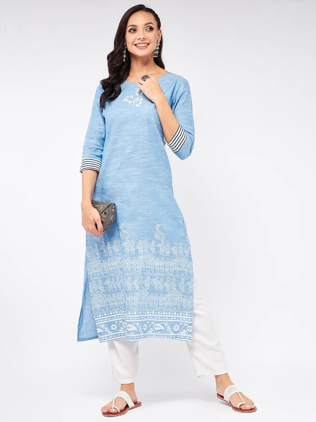 PANNKH Madhubani Block Printed Chambray Blue Kurta