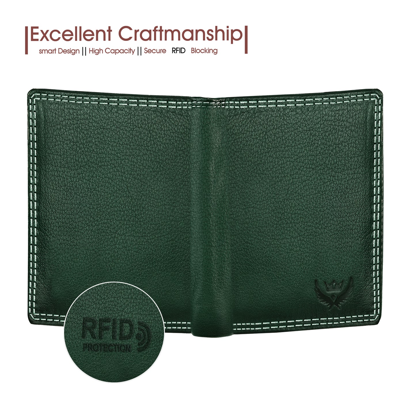 Lorenz Vintage Green Case Fold Style Genuine Leather RFID Blocking Large Capacity Unisex Wallet