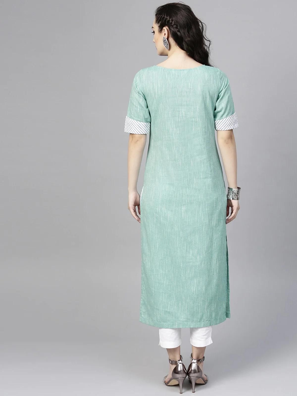 PANNKH Green Pintucks Printed Chambray Kurta