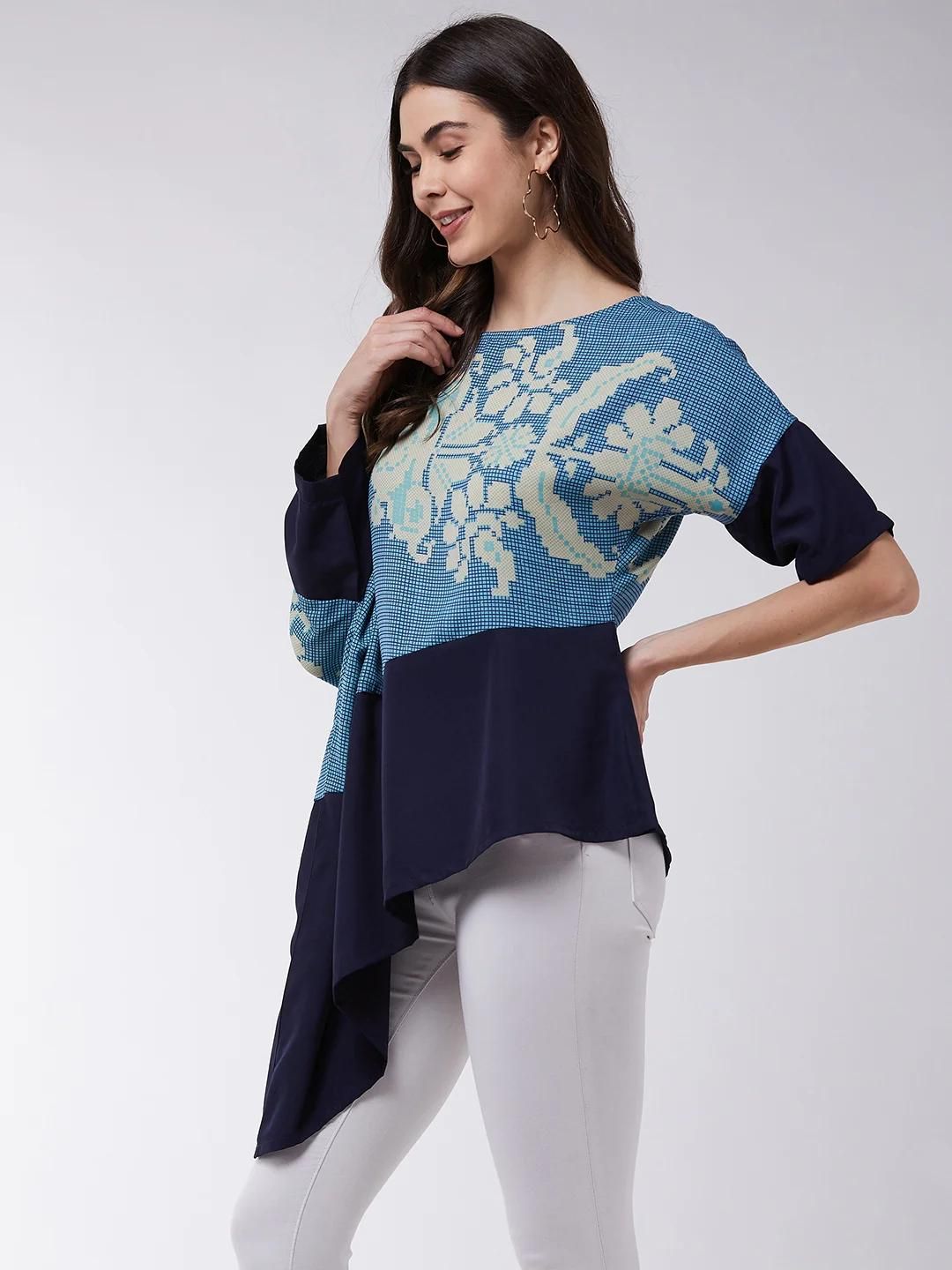 PANNKH Asymmetric Printed Blue Loose Top