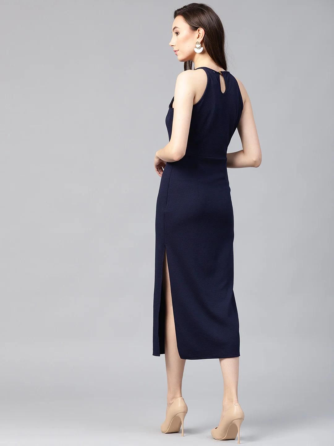 PANNKH Solid Navy Blue Incut Fitted Midi Dress