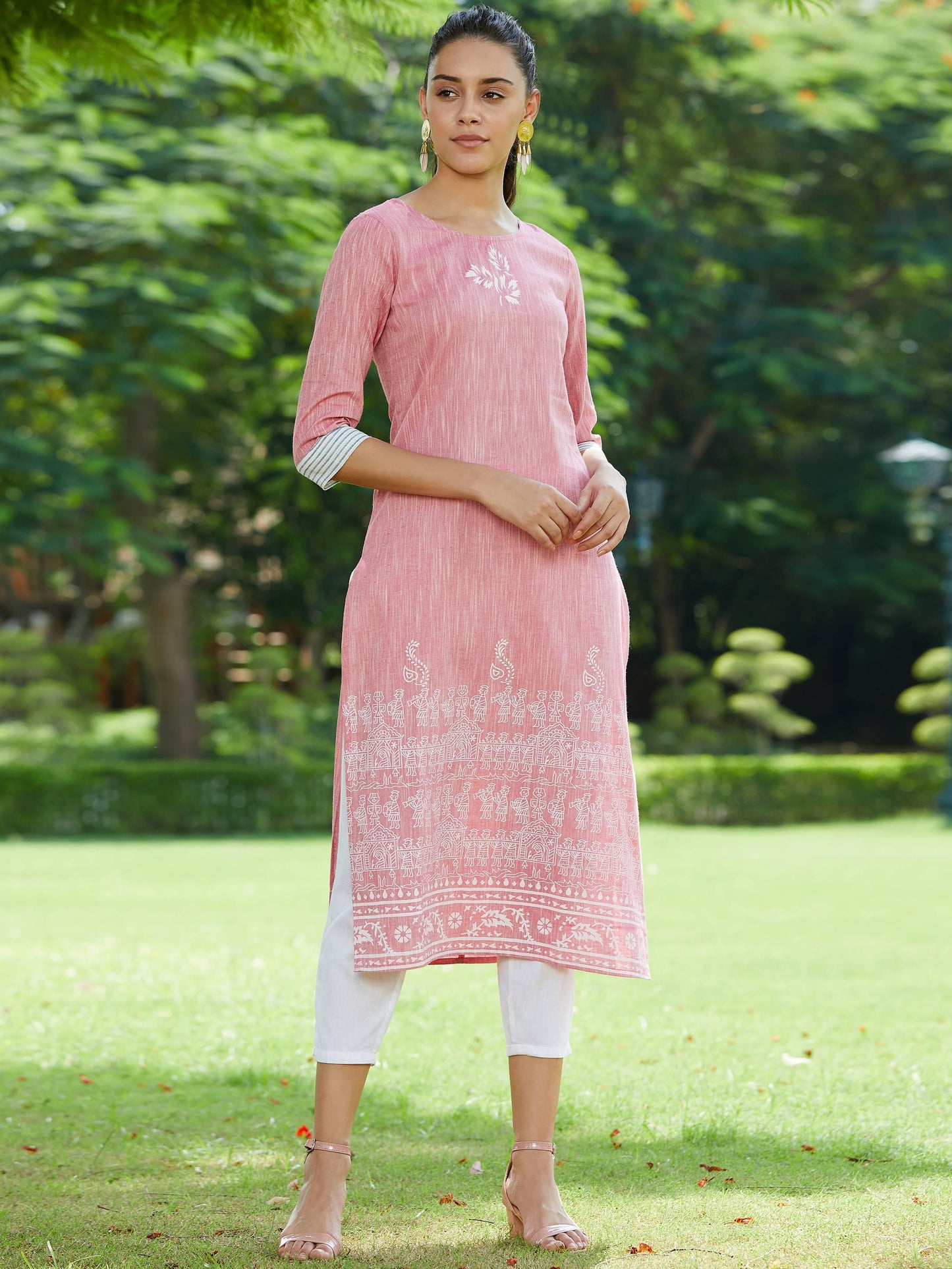 PANNKH Pink Madhubani Block Printed Chambray Kurta