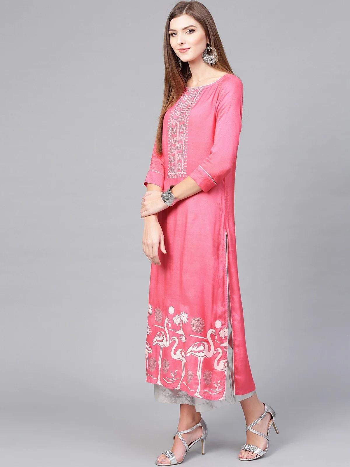 PANNKH Pink Lotus Inspired Swan Printed Kurta