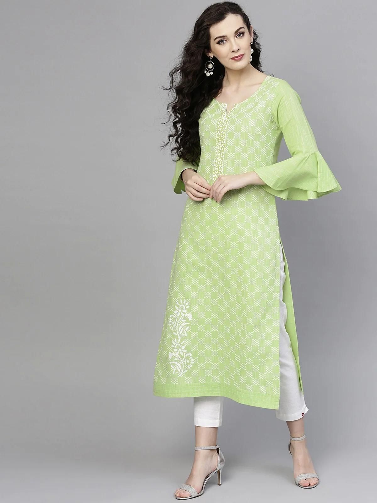 PANNKH Green Printed Chambray Kurta With Bell Sleeves