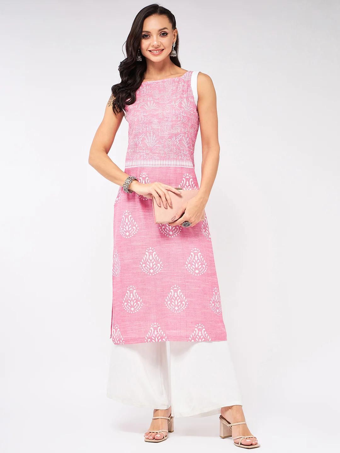 PANNKH Sleeveless Printed Chambray Pink Kurta