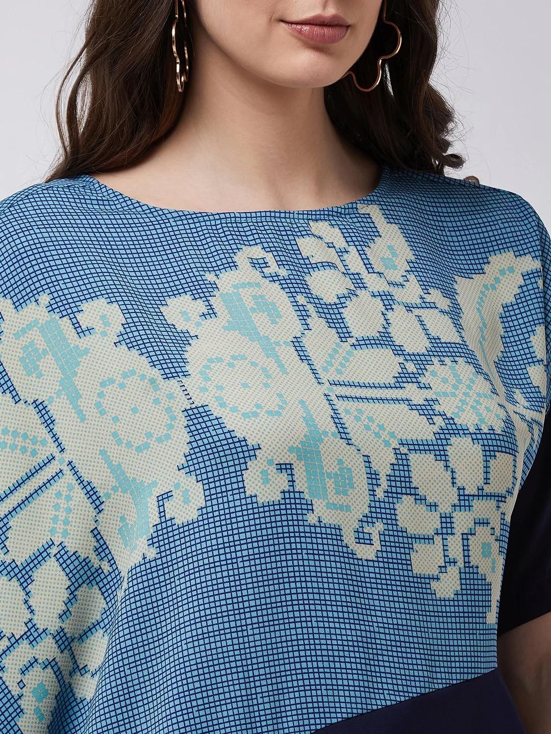 PANNKH Asymmetric Printed Blue Loose Top