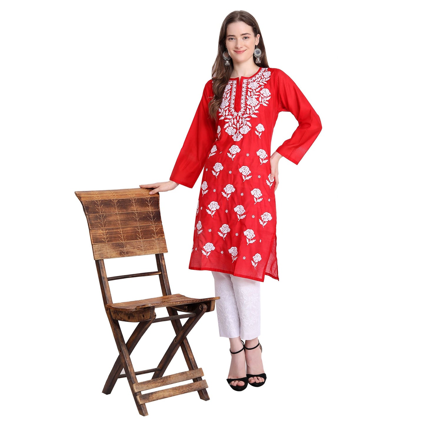 Women Chikankari Chanderi Silk Straght Kurti